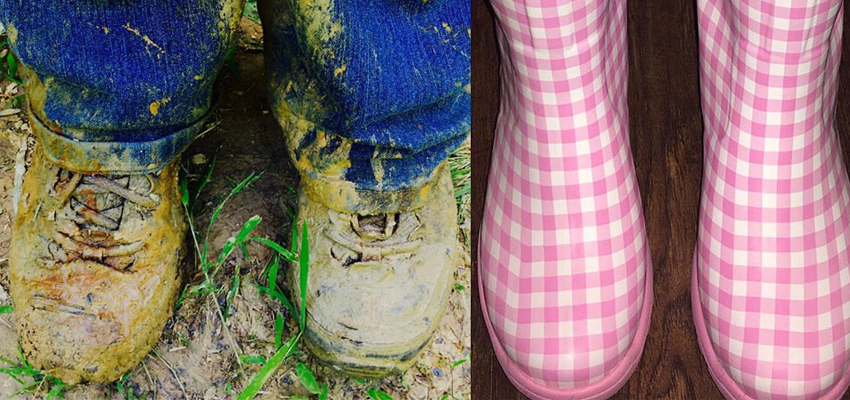 a pair of dirty boots next to a pair of pristine boots