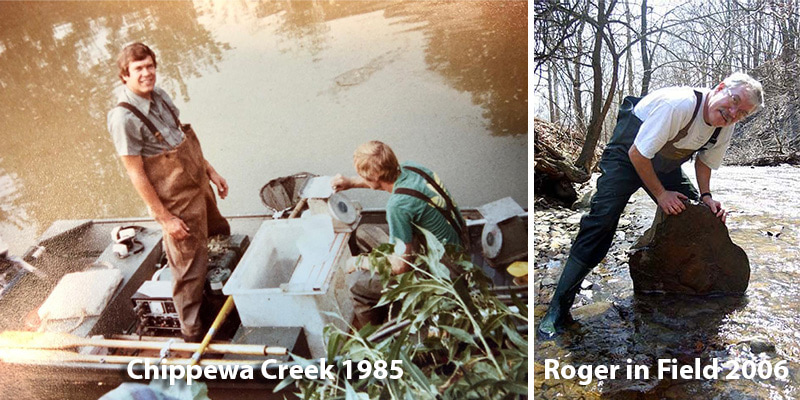 Roger in a boat at chippewa creek in 1985(left), Roger in the field in 2006 (right)