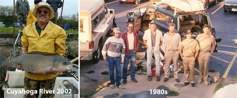 Roger at the Cuyahoga river in 2002(left), Roger with others in the 1980s(right)
